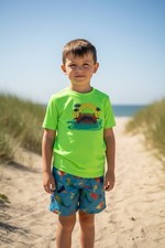Lands' End Boys 2-Pc Rash Guard Swim Trunk Set Neon Green Shark NWT