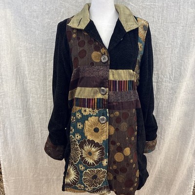 Yak Magik Ladies Patchwork  Velvet Silk Accents Vintage Geometric Art Mid Coat