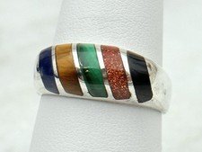 Vintage Sterling Taxco 925 Multi Stone Inlay Band Ring Size 7.5