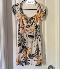 GUESS Women's Square Neck Smocked Puff Sleeve Tropical Floral Mini Dress S
