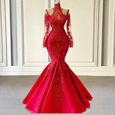 Red Long Evening Dresses Luxury Mermaid High Neck Beads Lace Prom Party Gowns