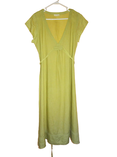 Eileen Fisher mittelgrünes Midikleid 100 % irisches Leinen Kurzarm V-Ausschnitt zum Binden
