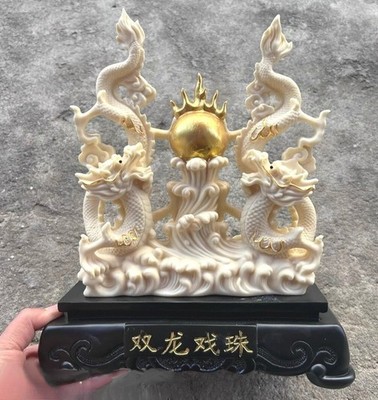 Tagua Nut Carving Double Dragons Playing Pearl Ball Gold Foil Feng Shui Statue