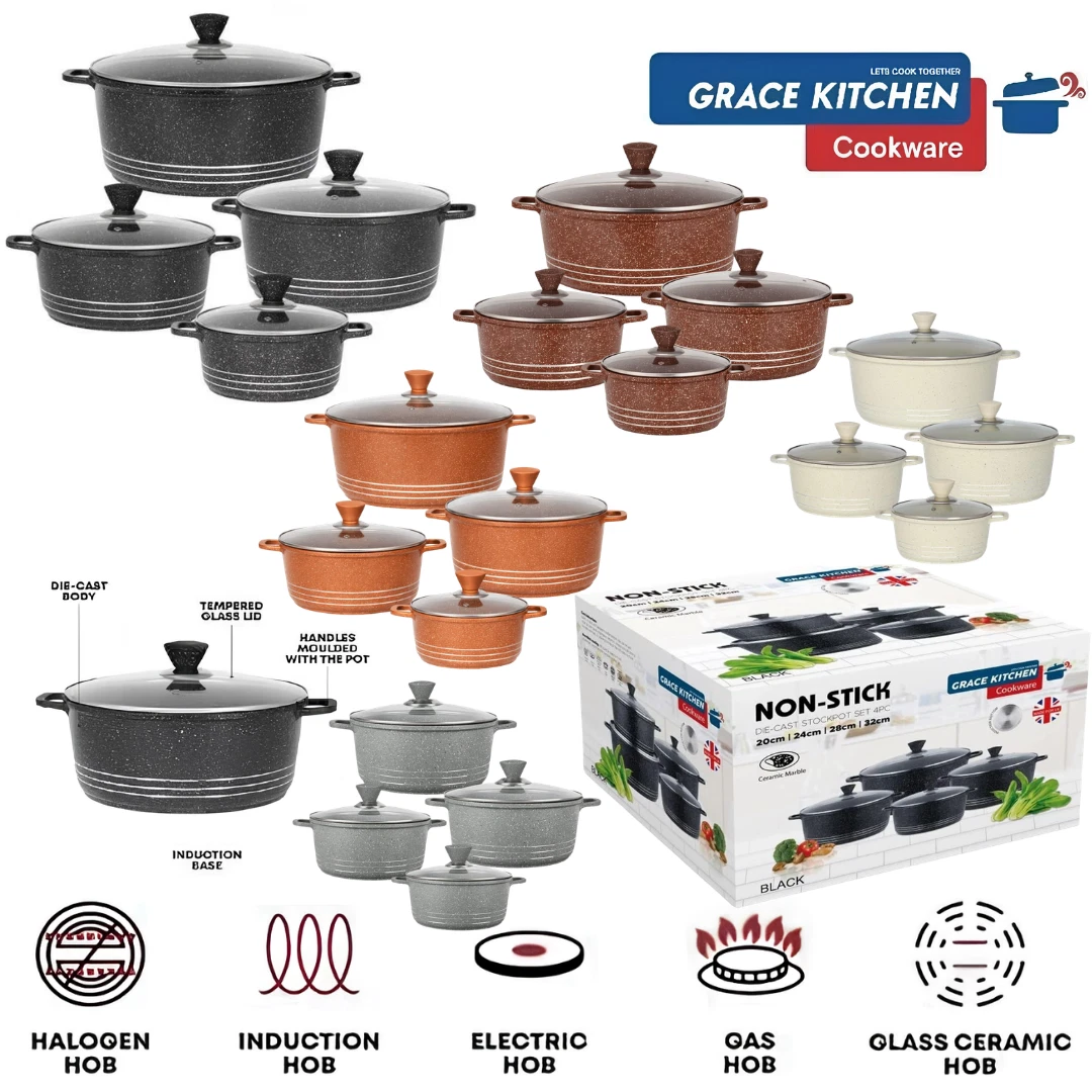 4PC Die Cast Induction Casserole Stockpot Non Stick Cooking Pan Pot Cookware Set
