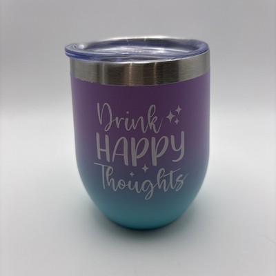 Stemless Wine Tumbler Coffee Travel Mug Cup with Lid Drink Happy Thoughts
