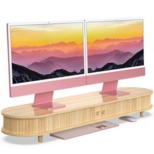 Best Bamboo Dual Monitor Stand with Storage, Curved Double Computer Laptop Desk