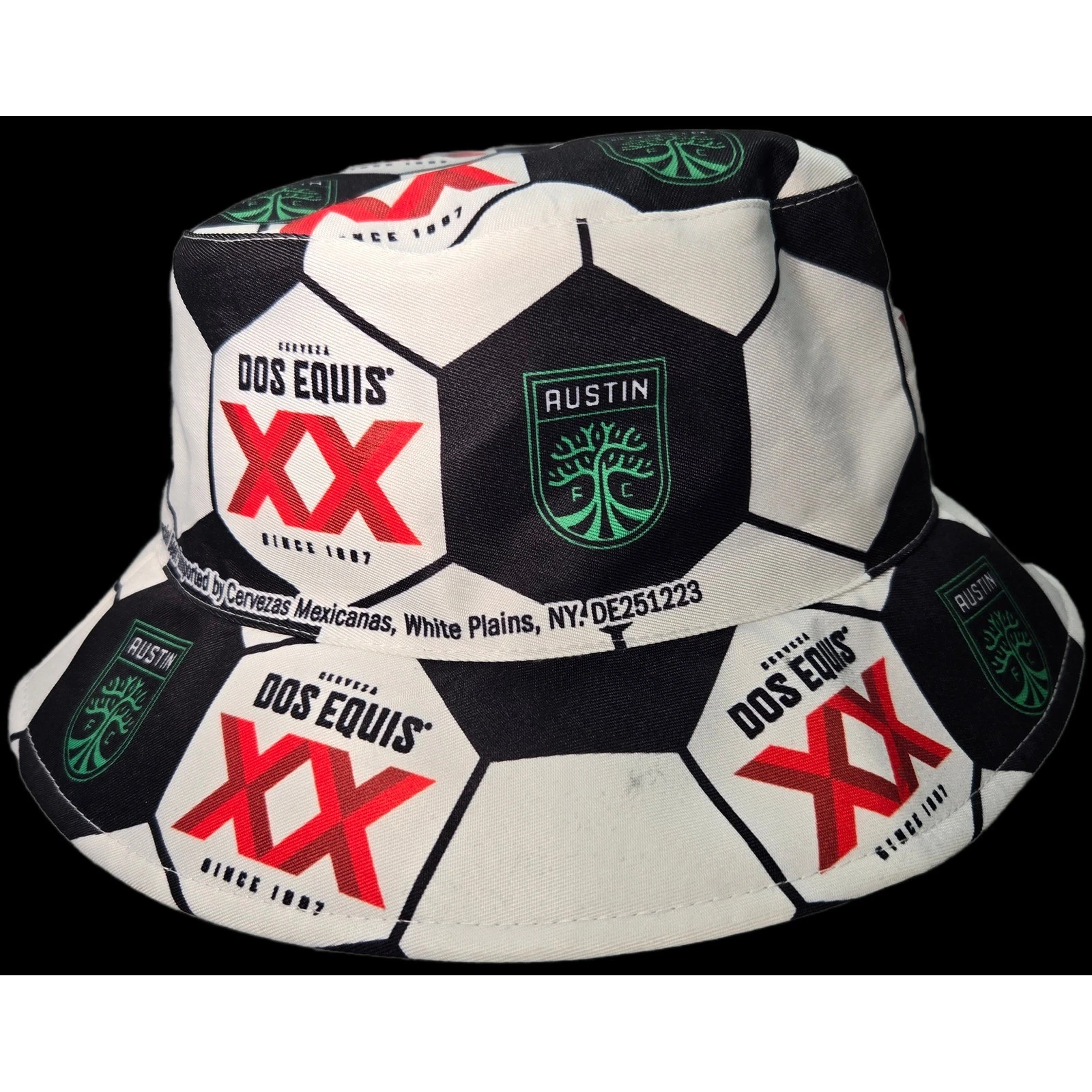 Austin FC Dos Equis Soccer Ball Bucket Hat White Black Green XX Beer Promo