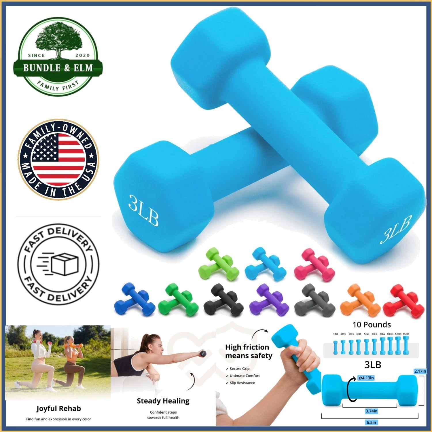 Neoprene Coated Dumbbells Set for Seniors, Anti-Slip Grip & No-Roll Design