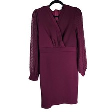 Grace Karin Surplice Midi Dress M Burgundy Sheer Swiss Dot Sleeves Romantic