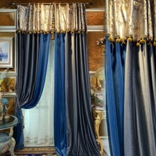 Cortina opaca tela azul dorado terciopelo lujo vintage americano C2148