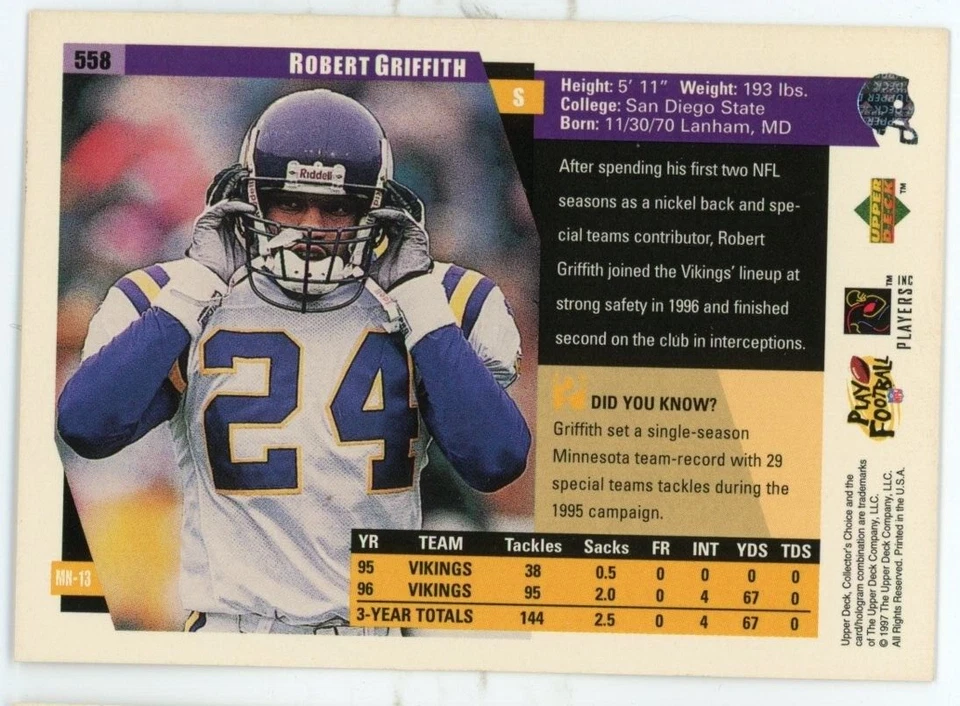1997 Collector's Choice Football Card #558 Robert Griffith Rookie - Image 2 of 2