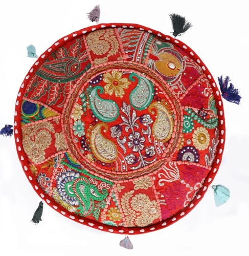 Red 17" Handmade Round Foot Stool Ottoman Pouf Cover Seating Pouffe Moroccan - Picture 3 of 6