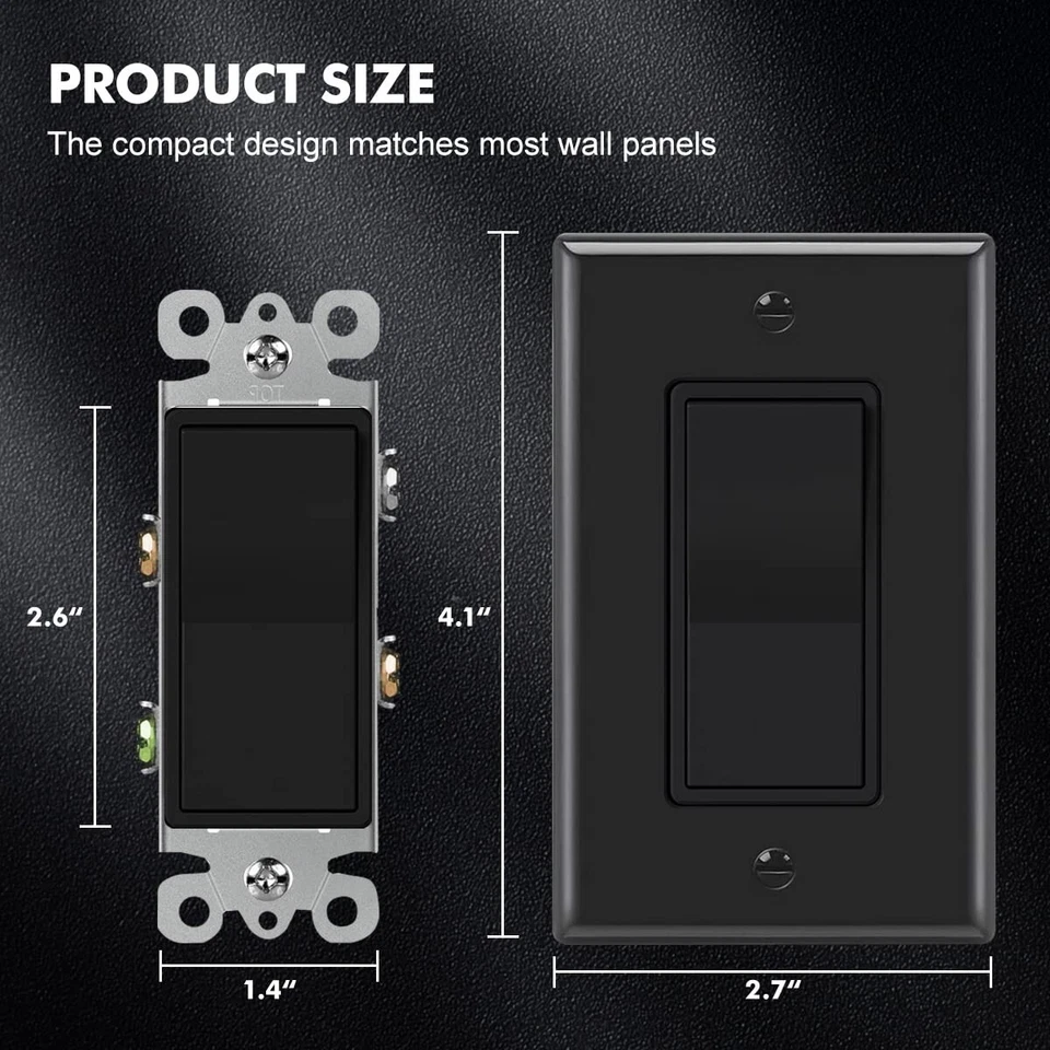 Paquete de 10 interruptores de luz Decora negros, basculantes de paleta de un solo polo, 15A 120V/277V Foto 3 de 4