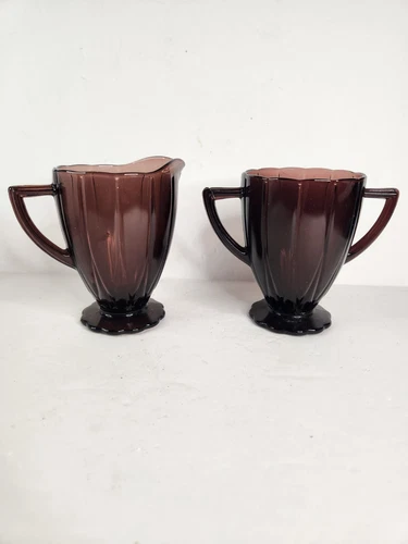 Hazel Atlas Amethyst Purple Newport Hairpin Sugar & Cream Bowl Depression Glass