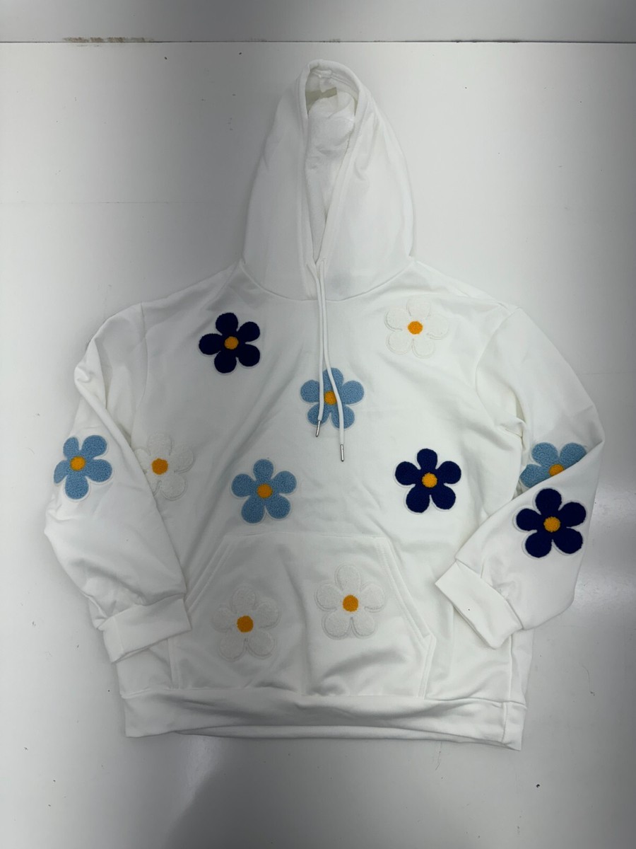 Shein White Floral Patch Pullover Hoodie Mens Size Large