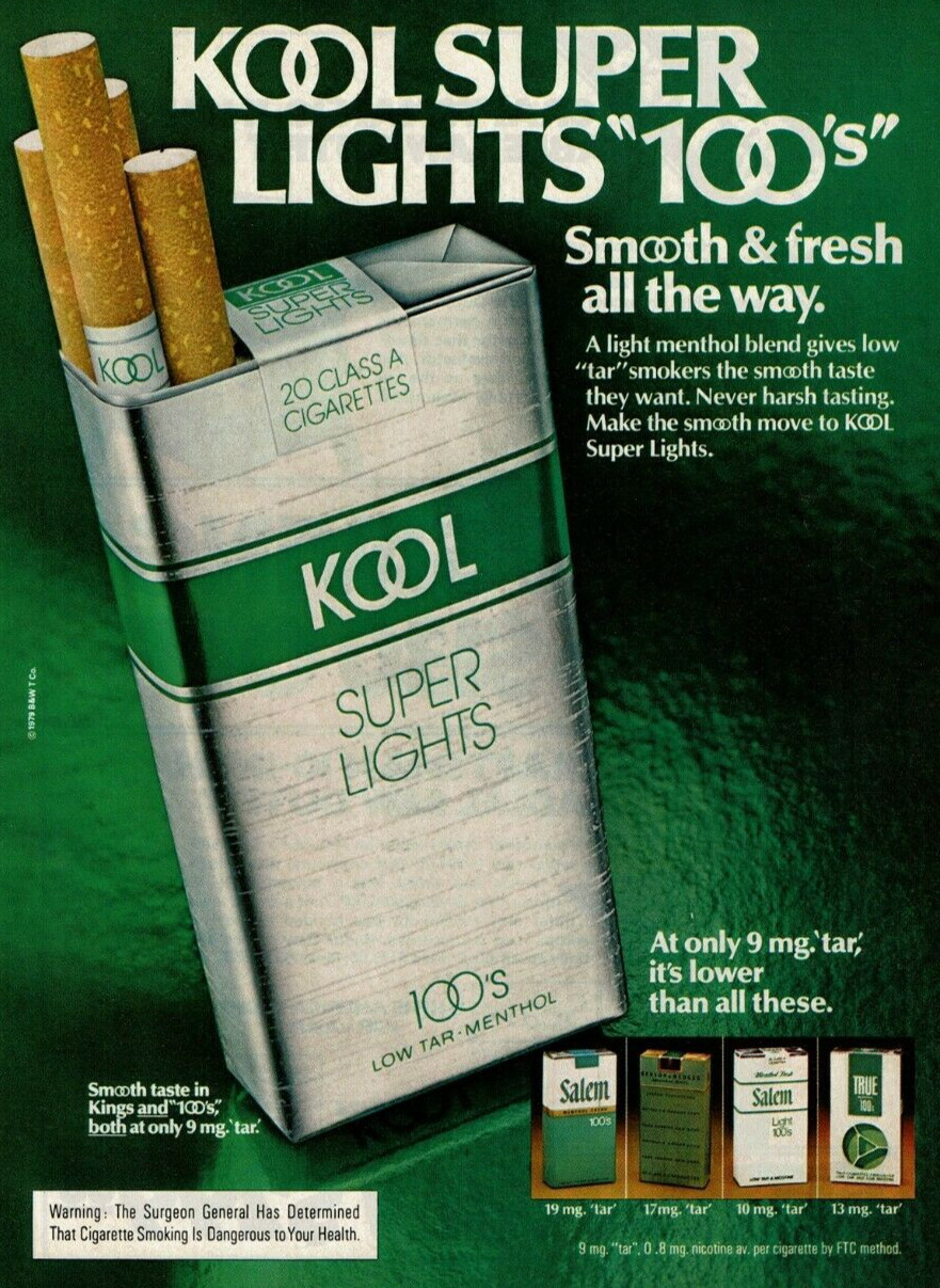 Vintage Print Ad 1979 Kool Super Lights Kings 100's Cigarettes Comparison Green