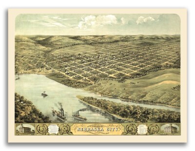 1868 Nebraska City Nebraska Vintage Old Panoramic City Map - 18x24