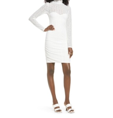 Open Edit Lace Sheath Mini Dress White Mock Neck Ruched Mesh Long Sleeves M NWT