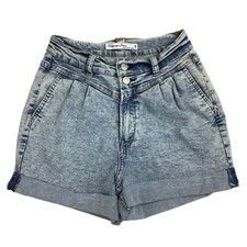 Y2K Acid Wash Blue Jean Mom Shorts Cuffed High Waist Pleated Women 3 24x2.5 90s