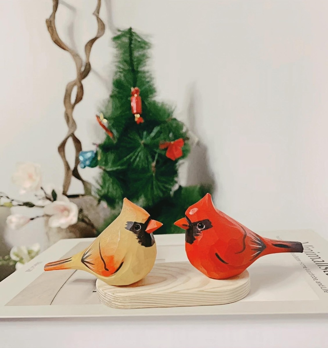 Small Carved Wooden Northern Cardinal Figurines, 3PCS Handmade