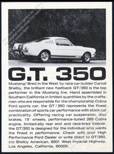 1965 Shelby G.T. 350 GT 350 Ford Mustang photo Shelby American vintage print ad - Afbeelding 1 van 7