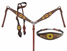Western Horse Leather Tack Set w/ Sunflower Design Bridle + Breast Collar Wither
