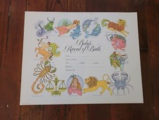 Vintage NEW 1971 Baby Birth Record Zodiac Poster 12 Zodiac Signs Beautiful Art