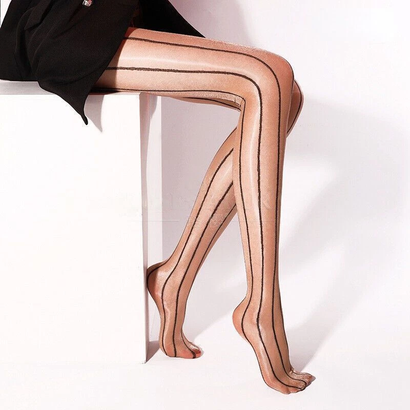 Women's Oily Shiny Open Crotch Pantyhose Vertical Lines Slimming Stockings - Image 4 of 4