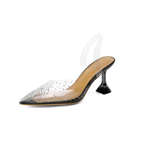 Damenschuhe durchsichtig Strass spitz zulaufend Riemen Pfennigabsatz Fersenriemen Pumps - Bild 14 von 19