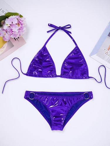 Womens 2 Piece Metallic Triangle Bikini Set Halter Bra with Briefs Swimsuit - Picture 71 of 99