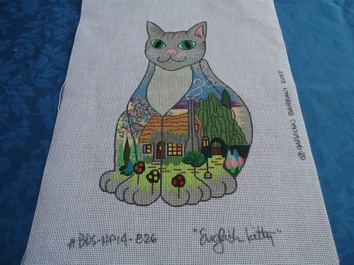 English Kitty Handpainted Needlepoint Kitty/English Cottage by Carolyn Barrani