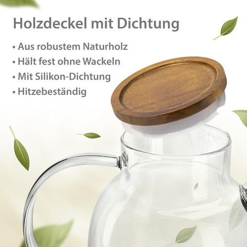 Impolio Teekanne mit Siebeinsatz, Teekanne Borosilikat Glas mit Holzdeckel - Bild 36 von 39