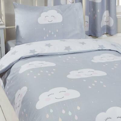 Happy Clouds Stars Single Duvet Cover Set Reversible Kids Bedding Happy Clouds Stars Single Duvet Cover, Grey And White Star Single Bedding