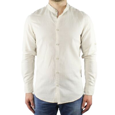 Camicia Uomo Collo Coreana Lino Slim Fit Manica Lunga Estiva