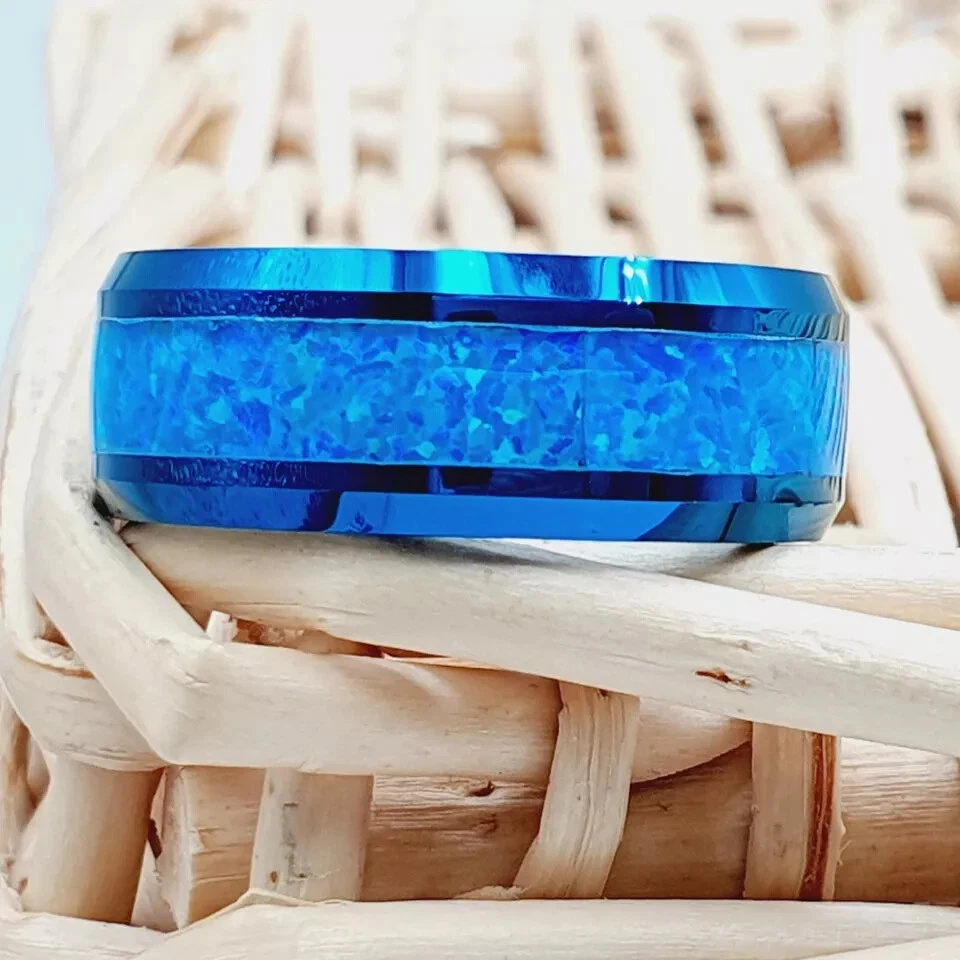Blue Tungsten Wedding Ring with Fire Blue Opal Inlay 8mm Groom Anniversary Band - Image 4 of 4