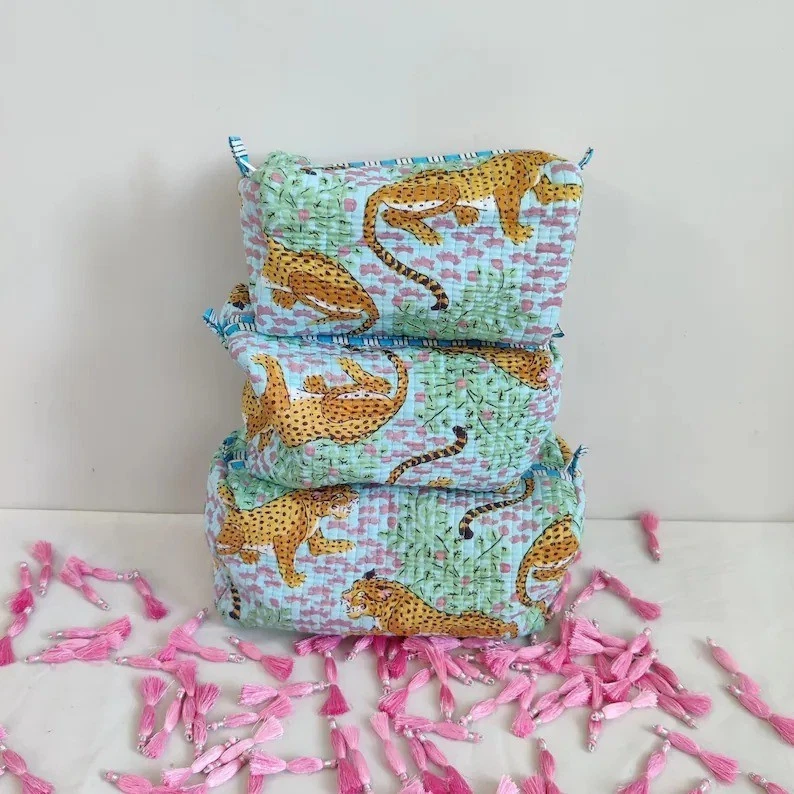 Indian Green 100% Cotton Quilted Toiletry Purse Cosmetic Storage Bag Of 3 Pc US