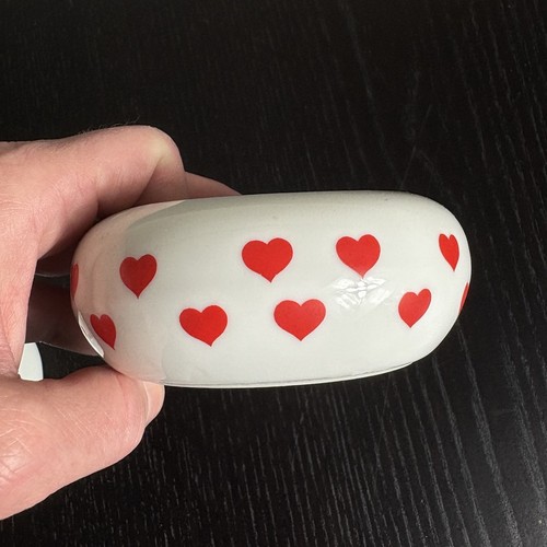 Vintage 80er Takahashi lächelnde schlafende Katze Porzellan Herz Schmuckschatulle 3,5" - Bild 5 von 8