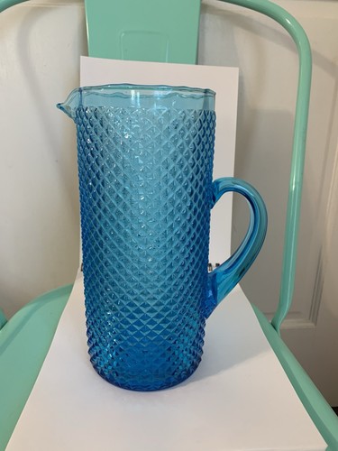 Contemporary Italian Azure Blue Diamond Point Glass Pitcher , 2 Qt Capacity - Picture 1 of 6