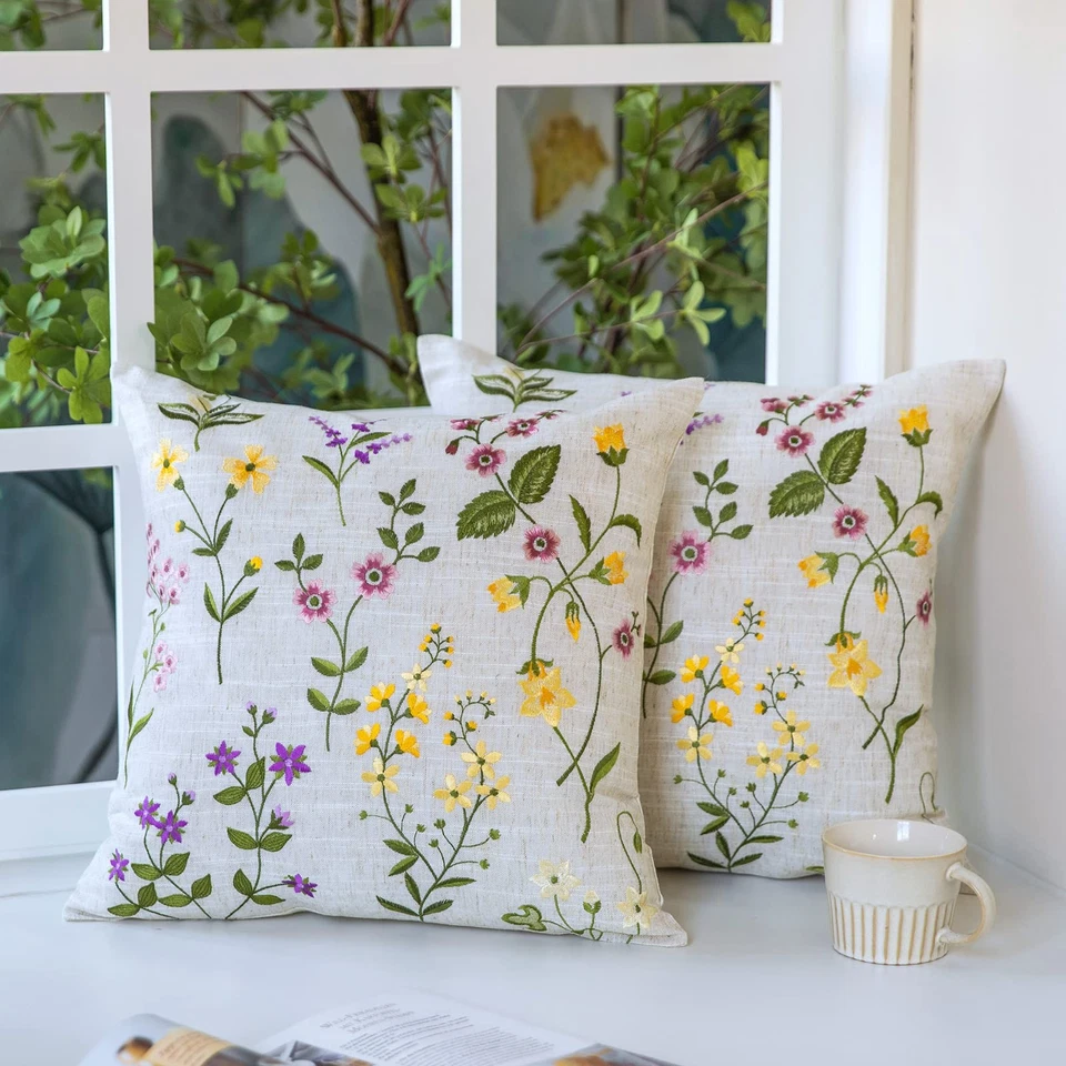 Pillow Covers 18 x 18 Inches Set of 2 Beige Soft Throw Pillow Covers with Flo... - Image 2 of 4