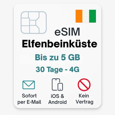 Elfenbeinküste eSIM Datentarif digitale e SIM - per Mail- ohne Telefon Nummer
