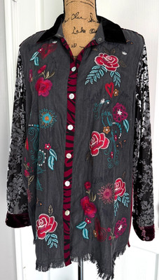 John Mark Tunic Top Button Up Long Sleeve Embroidered Velvet Floral Boho L