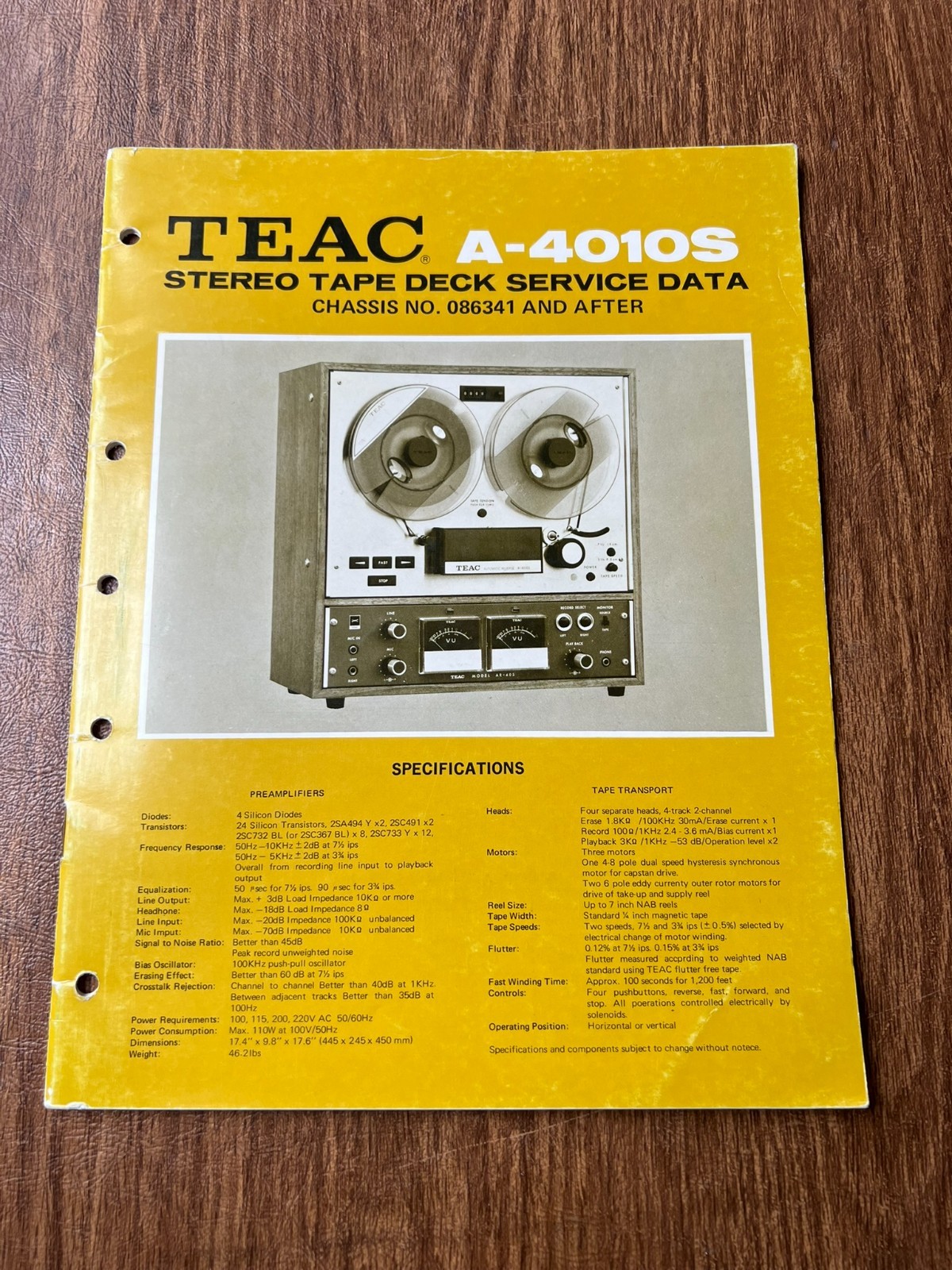 Original TEAC A-4010S Reel to Reel Tape Deck Service Data Manual