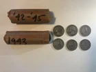 Silver Washington quarters, two rolls of forty, 1942-1945.