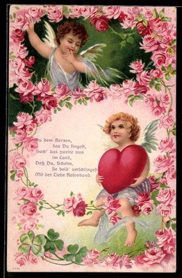 Postcard Two Angels with Heart and Roses, Cupid 