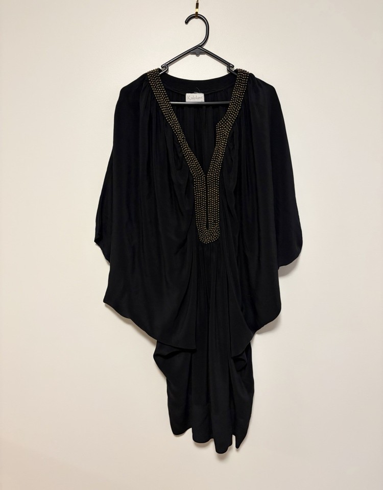 Kalokeri Black Beaded 100% Silk Batwing Sleeve Kaftan Dress, Size S