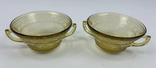 2 Federal Glass PATRICIAN "Spoke" Amber Two-Handled Cream Soup Bowls
