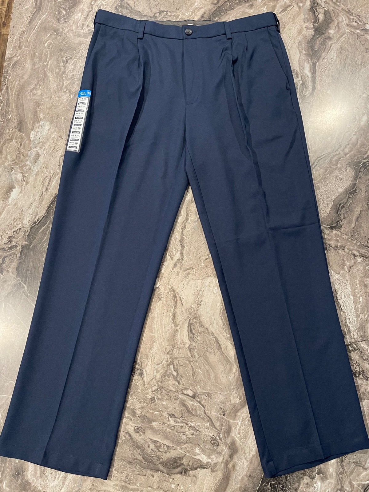 Haggar Cool 18 Pro Dress Pants Navy Comfort Stretch Pleated Mens 38 x 32 NEW