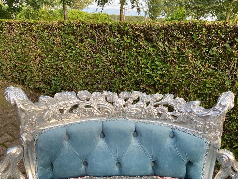 Sofá Sofá Sofá Luis XVI Francés Azul Terciopelo Damasco Marco Plateado Vintage Chic Foto 2 de 4