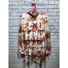Nasty Gal Women 6, Brown Satin Boho Cottagecore Ruffle Tiered Floral Mini Dress
