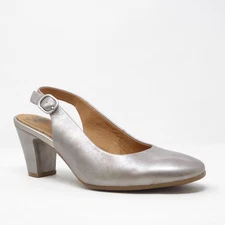 Sofft Womens Lilly Silver Metallic Leather Slingback Block Heel Pumps Size 8M